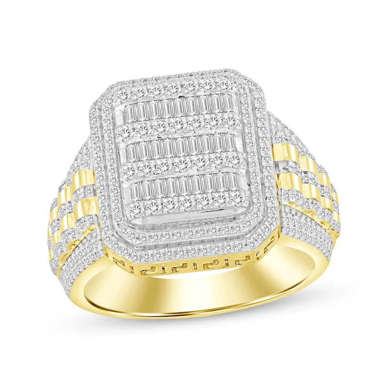 Main Image 1 of Men's Baguette & Round-Cut Multi-Diamond Center Greek Key Ring 1 ct tw 10K Yellow Gold