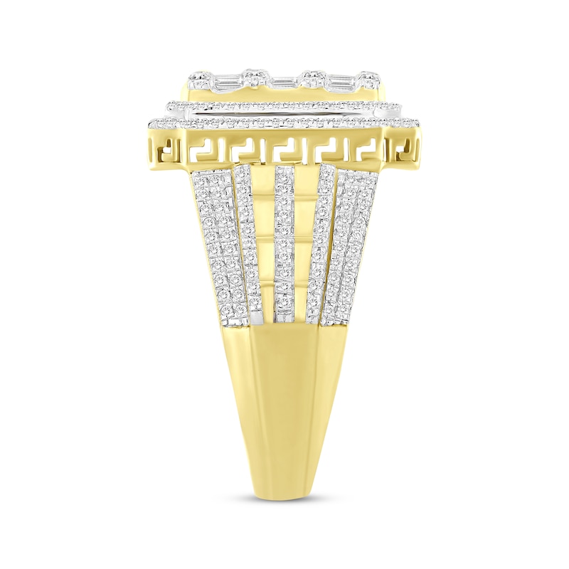 Main Image 2 of Men's Baguette & Round-Cut Multi-Diamond Center Greek Key Ring 1 ct tw 10K Yellow Gold