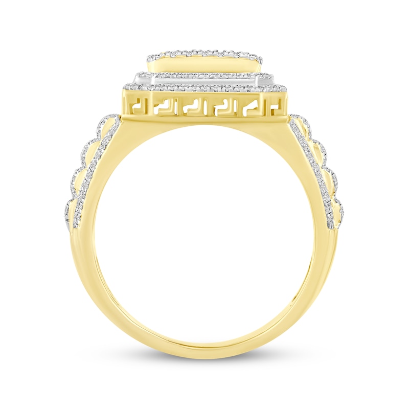 Main Image 3 of Men's Baguette & Round-Cut Multi-Diamond Center Greek Key Ring 1 ct tw 10K Yellow Gold