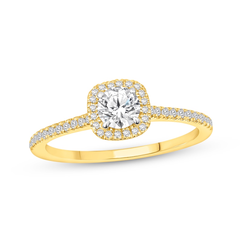 Main Image 1 of Lab-Grown Diamonds Round-Cut Cushion Frame Engagement Ring 3/4 ct tw 14K Two-Tone Gold