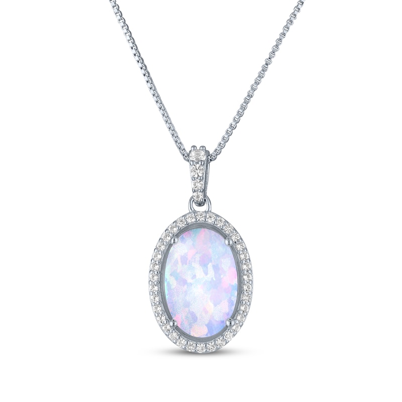 Main Image 1 of Oval-Cut Lab-Created Opal & White Lab-Created Sapphire Necklace Sterling Silver 18&quot;