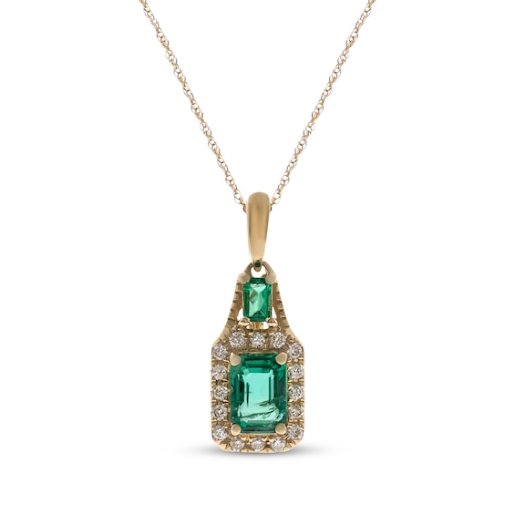 Emerald-Cut Naural Emerald & Diamond Necklace 1/8 ct tw 10K Yellow Gold 18"