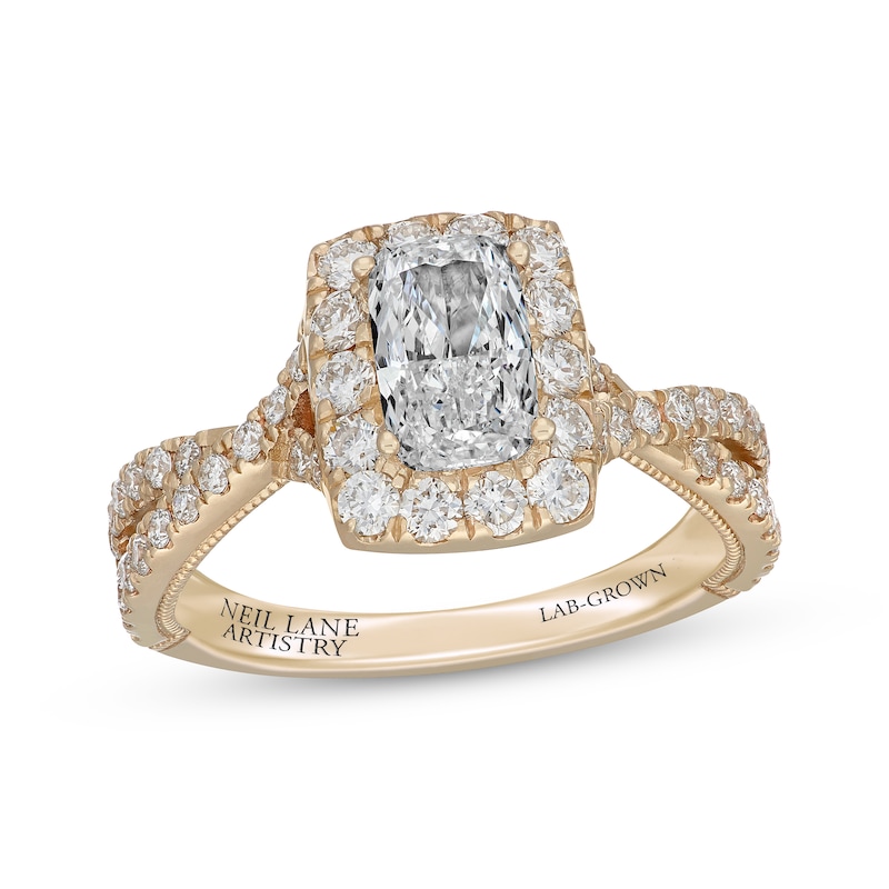 Main Image 1 of Neil Lane Artistry Lab-Grown Diamond Certified Elongated Cushion-Cut Halo Engagement Ring 2 ct tw 14K Yellow Gold