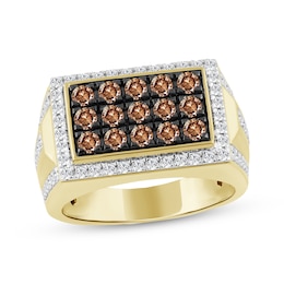 Men's Brown & White Diamond Rectangle Halo Ring 2 ct tw 10K Yellow Gold