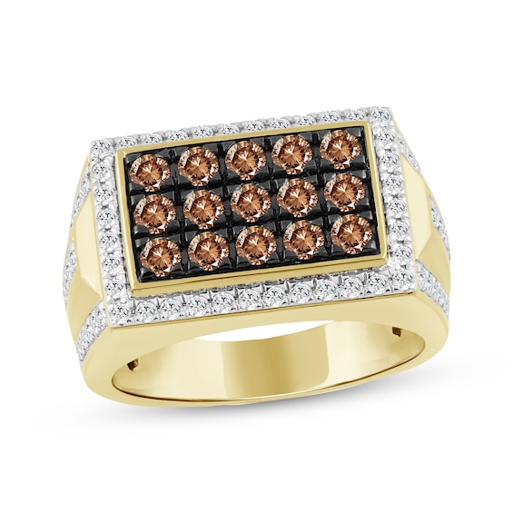 Men's Brown & White Diamond Rectangle Halo Ring 2 ct tw 10K Yellow Gold