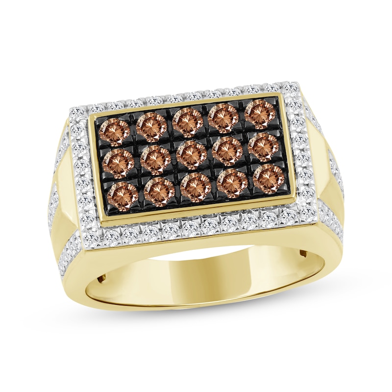 Main Image 1 of Men's Brown & White Diamond Rectangle Halo Ring 2 ct tw 10K Yellow Gold