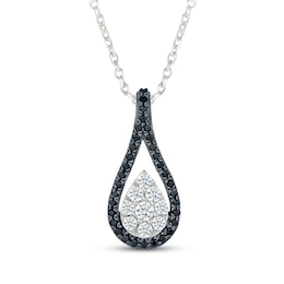 Black & White Multi-Diamond Teardrop Necklace 1/3 ct tw Sterling Silver 18"