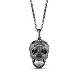 Ink & Ice Black Onyx & Black Diamond Sugar Skull Necklace 1/15 ct tw Black Rhodium-Plated Sterling Silver 18&quot;