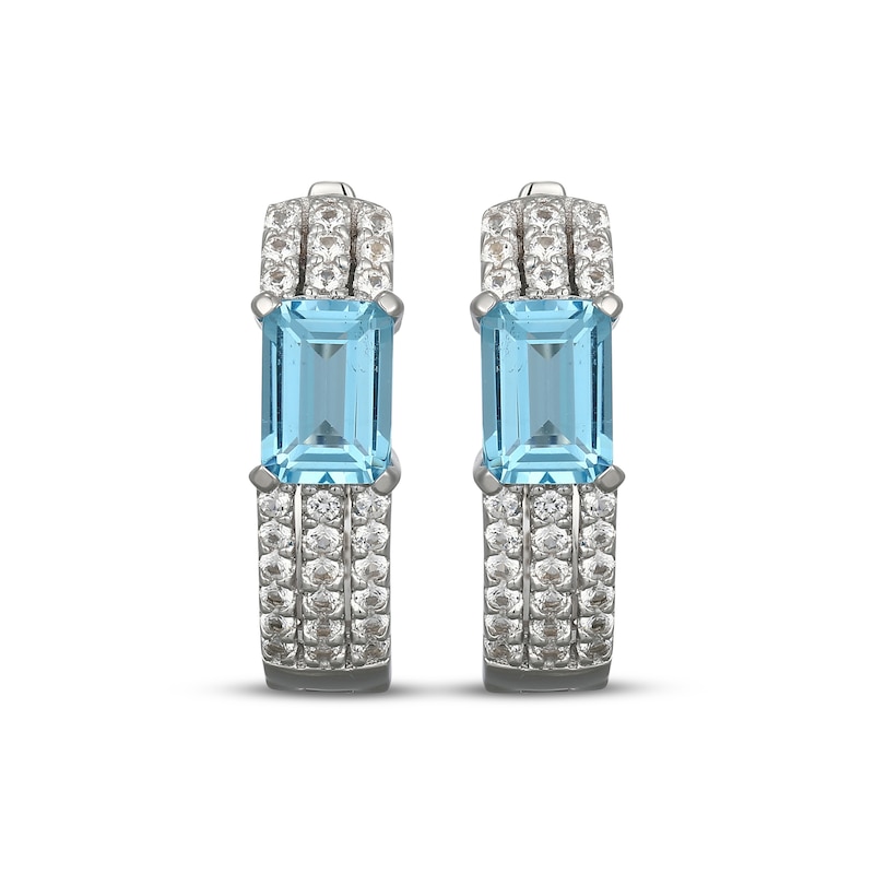 Main Image 2 of Emerald-Cut Swiss Blue Topaz & White Lab-Created Sapphire Huggie Hoop Earrings Sterling Silver