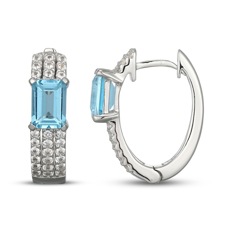 Main Image 3 of Emerald-Cut Swiss Blue Topaz & White Lab-Created Sapphire Huggie Hoop Earrings Sterling Silver