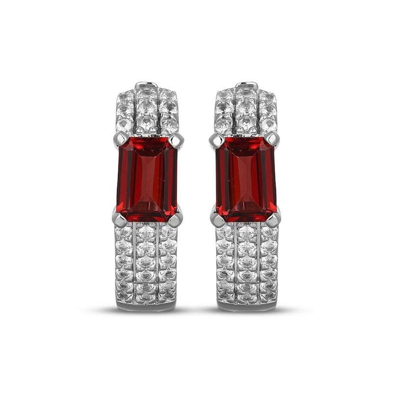 Main Image 2 of Emerald-Cut Garnet & White Lab-Created Sapphire Huggie Hoop Earrings Sterling Silver