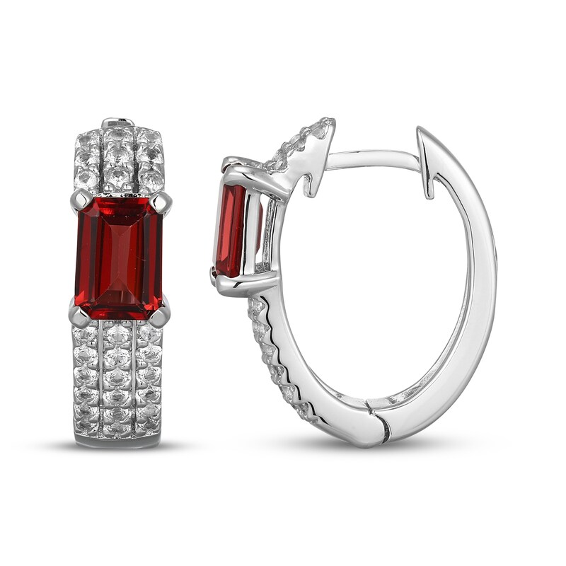 Main Image 3 of Emerald-Cut Garnet & White Lab-Created Sapphire Huggie Hoop Earrings Sterling Silver