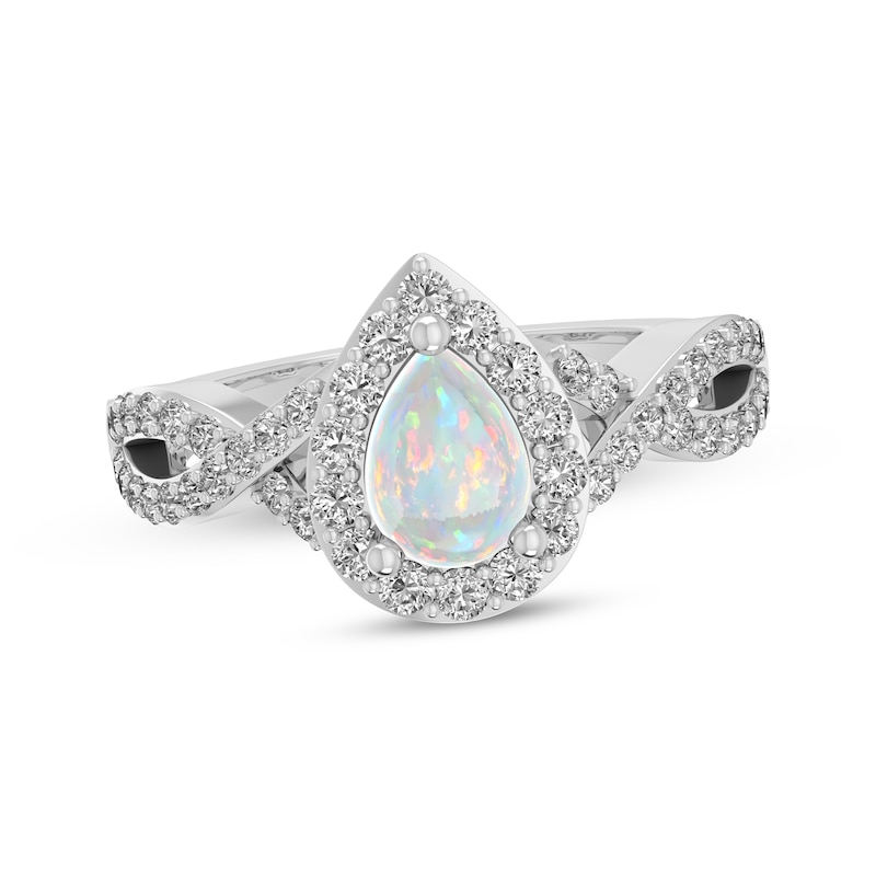 Main Image 1 of Pear-Shaped Lab-Created Opal & White Lab-Created Sapphire Halo Ring Sterling Silver