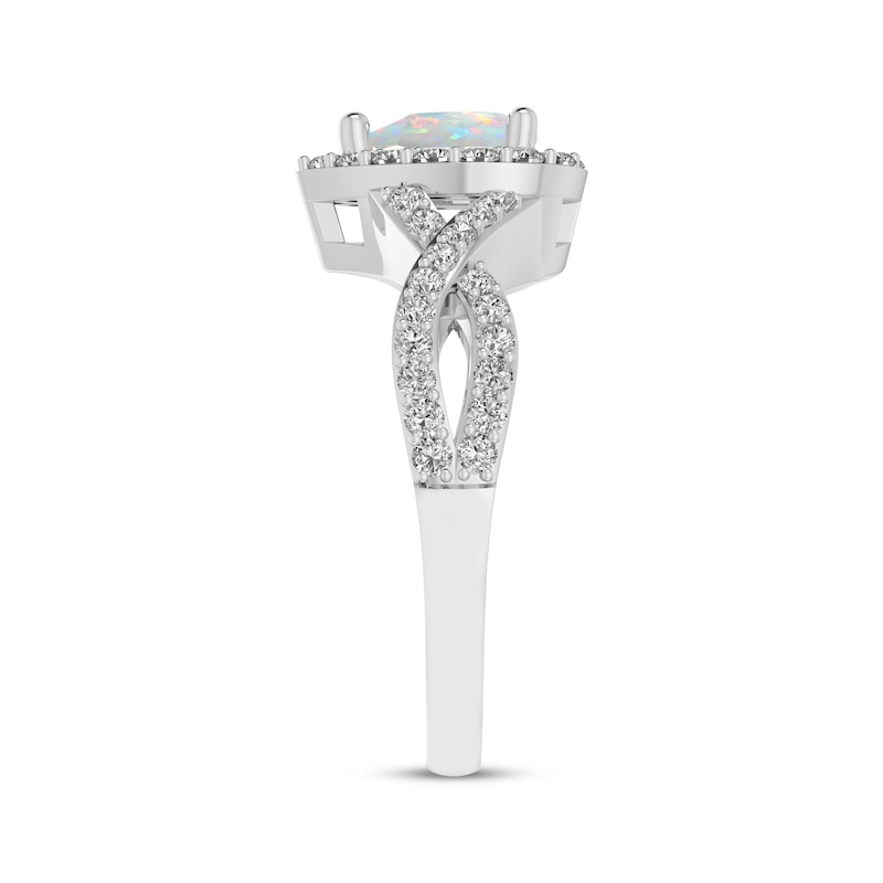 Main Image 2 of Pear-Shaped Lab-Created Opal & White Lab-Created Sapphire Halo Ring Sterling Silver