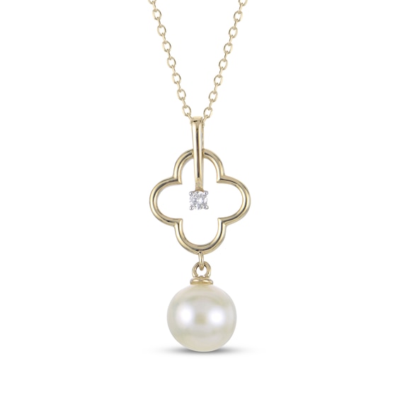 Cultured Pearl & Diamond Accent Clover Necklace 14K Yellow Gold 18"