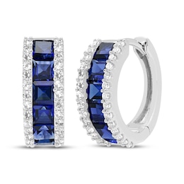 Square-Cut Blue Lab-Created Sapphire & White Lab-Created Sapphire Hoop Earrings Sterling Silver