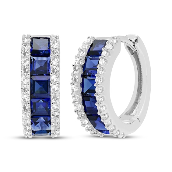Square-Cut Blue Lab-Created Sapphire & White Lab-Created Sapphire Hoop Earrings Sterling Silver