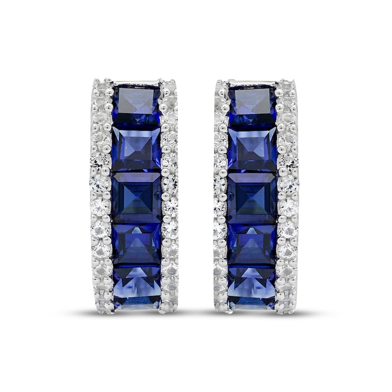 Main Image 2 of Square-Cut Blue Lab-Created Sapphire & White Lab-Created Sapphire Hoop Earrings Sterling Silver