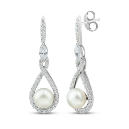 Cultured Pearl & White Lab-Created Sapphire Drop Earrings Sterling Silver