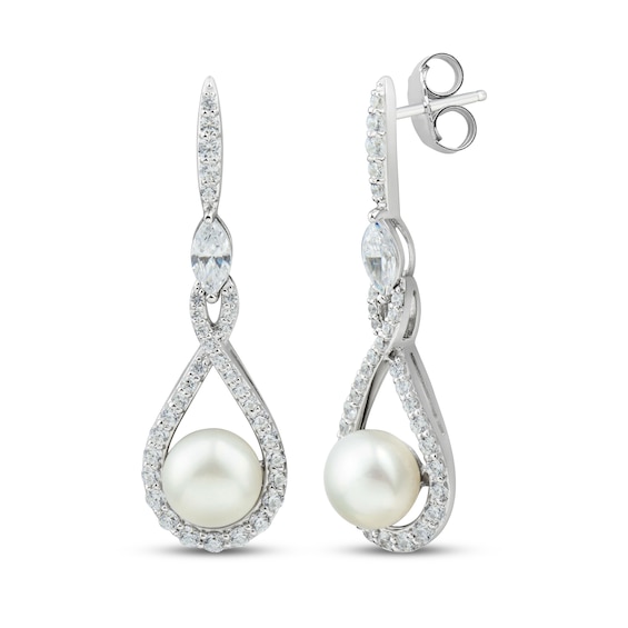 Cultured Pearl & White Lab-Created Sapphire Drop Earrings Sterling Silver