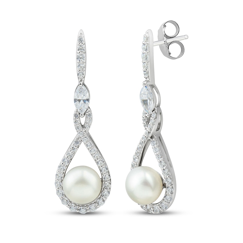 Main Image 1 of Cultured Pearl & White Lab-Created Sapphire Drop Earrings Sterling Silver