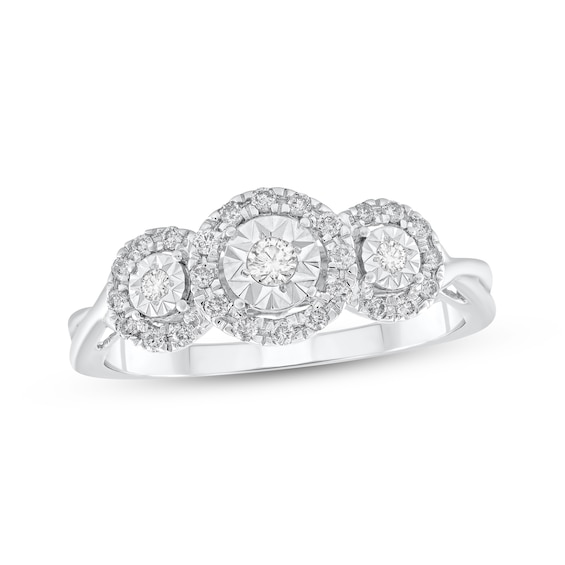 Round-Cut Diamond Three-Stone Halo Engagement Ring 1/5 ct tw 10K White Gold