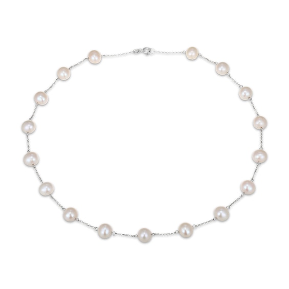 Cultured Pearl Station Necklace Sterling Silver 17"