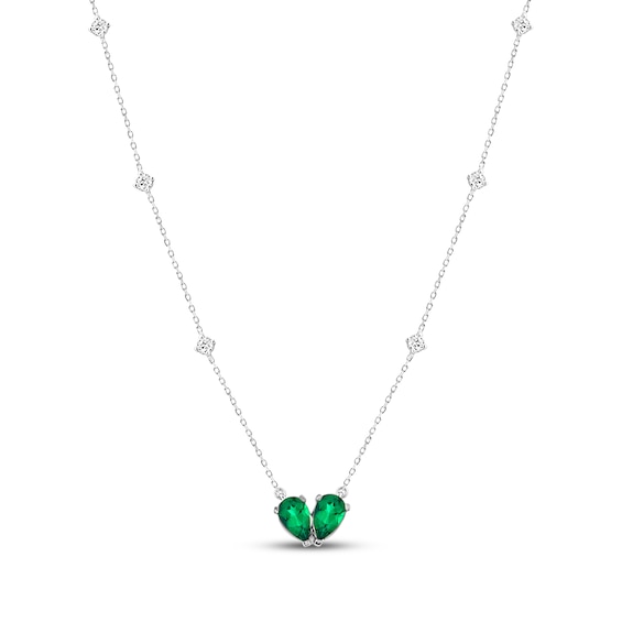 Pear-Shaped Lab-Created Emerald & White Lab-Created Sapphire Two-Stone Necklace Sterling Silver 18"