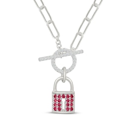 Lab-Created Ruby & White Lab-Created Sapphire Lock Toggle Paperclip Necklace Sterling Silver 18"