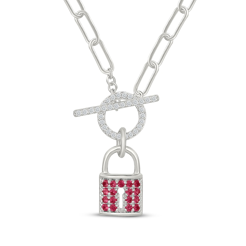 Main Image 1 of Lab-Created Ruby & White Lab-Created Sapphire Lock Toggle Paperclip Necklace Sterling Silver 18"
