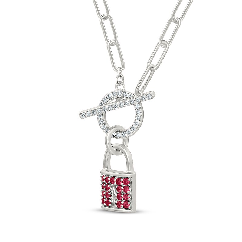 Main Image 2 of Lab-Created Ruby & White Lab-Created Sapphire Lock Toggle Paperclip Necklace Sterling Silver 18"
