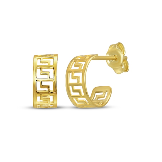 Greek Key Openwork J-Hoop Earrings 10mm 10K Yellow Gold