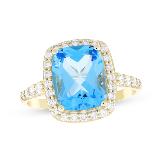 KAY Lab-Grown Diamonds Cushion-Cut Natural Swiss Blue Topaz Halo Ring 3/8 ct tw 10K Yellow Gold
