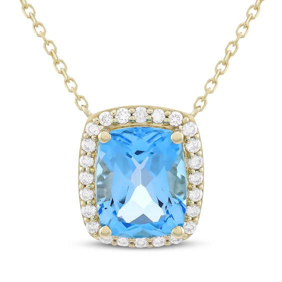 KAY Lab-Grown Diamonds Cushion-Cut Natural Swiss Blue Topaz Halo Necklace 1/4 ct tw 10K Yellow Gold 18"