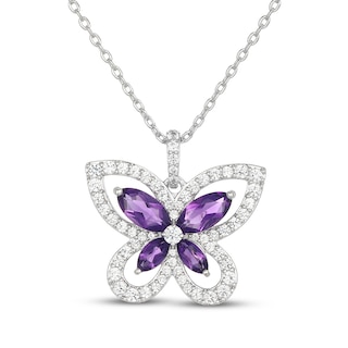 Marquise-Cut Natural Amethyst & White Lab-Created Sapphire Butterfly Necklace Sterling Silver 18"