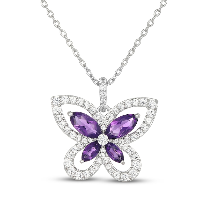 Main Image 1 of Marquise-Cut Natural Amethyst & White Lab-Created Sapphire Butterfly Necklace Sterling Silver 18"