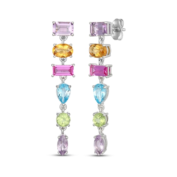 Multi-Shape Natural Amethyst, Light Amethyst, Citrine, Peridot, Sky Blue Topaz, Swiss Blue Topaz and Pink Lab-Created Sapphire Dangle Earrings Sterlin