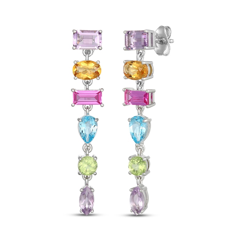 Main Image 1 of Multi-Shape Natural Amethyst, Light Amethyst, Citrine, Peridot, Sky Blue Topaz, Swiss Blue Topaz and Pink Lab-Created Sapphire Dangle Earrings Sterling Silver