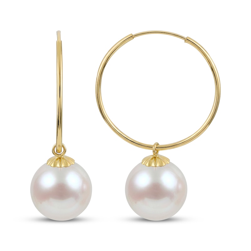 Main Image 1 of Cultured Pearl Hoop Drop Earrings 14K Yellow Gold