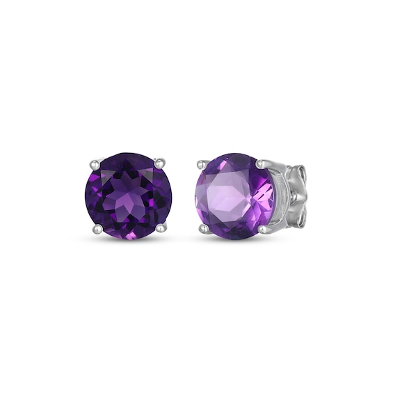 Natural Amethyst Solitaire Stud Earrings Sterling Silver