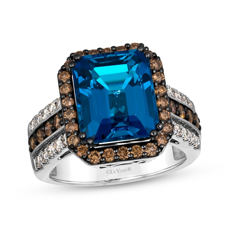 Main Image 1 of Le Vian Emerald-Cut Blue Topaz Ring 1 ct tw Diamonds 14K Vanilla Gold Size 7