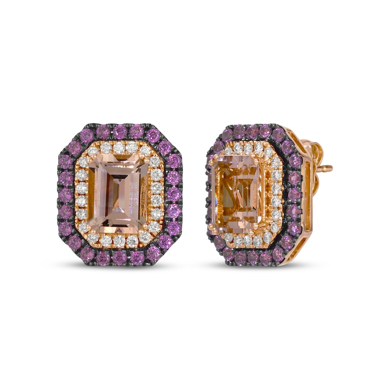 Main Image 1 of Le Vian Emerald-Cut Morganite & Rhodolite Garnet Earrings 1/3 ct tw Diamonds 14K Strawberry Gold