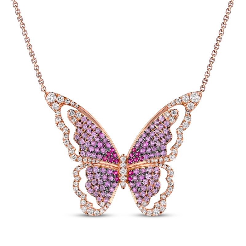 Le Vian Strawberry Ombré Sapphire Butterfly Necklace 1-1/6 ct tw Diamonds 18K Strawberry Gold 17.5"