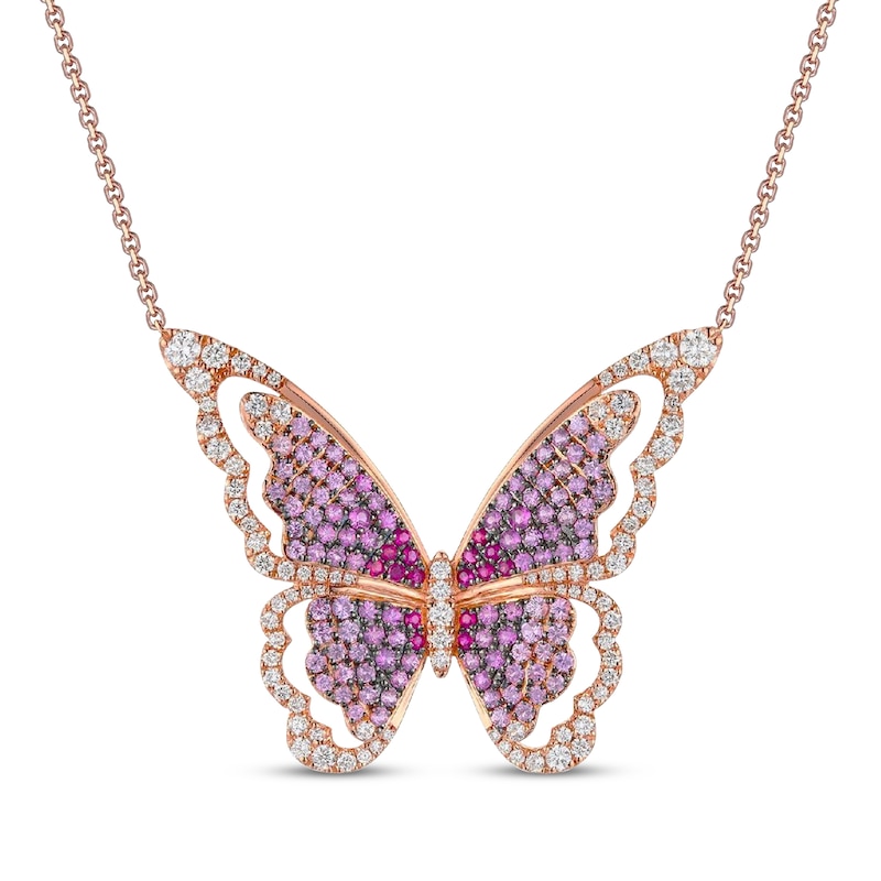Main Image 1 of Le Vian Strawberry Ombré Sapphire Butterfly Necklace 1-1/6 ct tw Diamonds 18K Strawberry Gold 17.5&quot;