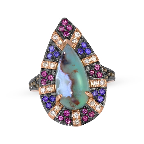 Le Vian Pear-Shaped Aquaprase, Pink Tourmaline & Amethyst Ring 1/3 ct tw Diamonds 14K Strawberry Gold Size 7