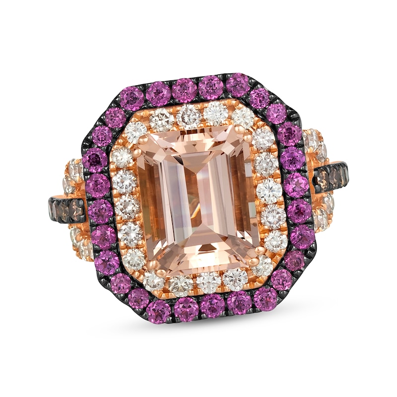 Main Image 1 of Le Vian Emerald-Cut Morganite & Rhodolite Garnet Ring 3/4 ct tw Diamonds 14K Strawberry Gold