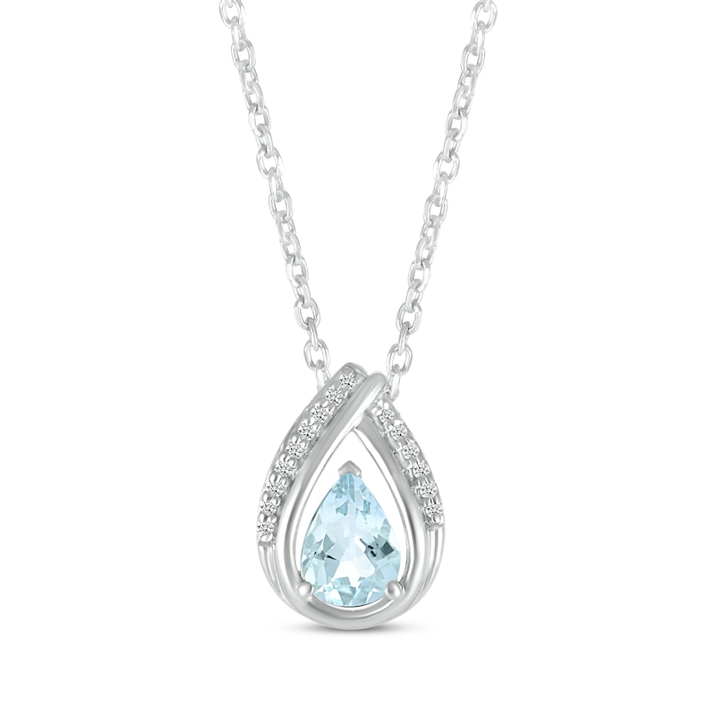 Main Image 1 of Pear-Shaped Aquamarine & Round-Cut Diamond Necklace 1/20 ct tw Sterling Silver 18&quot;