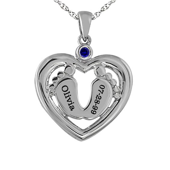 Birthstone Baby Feet Engravable Heart Necklace (1 Stone and 2 Lines)