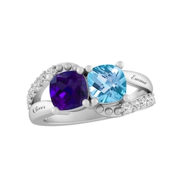Couple's East West Cushion Birthstone Ring (2 Stones and Lines)