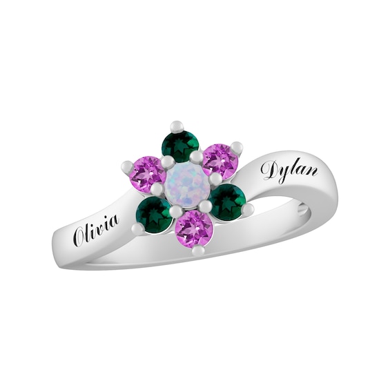 Birthstone Family & Mother's Flower Ring (7 Stones and 2 Lines)
